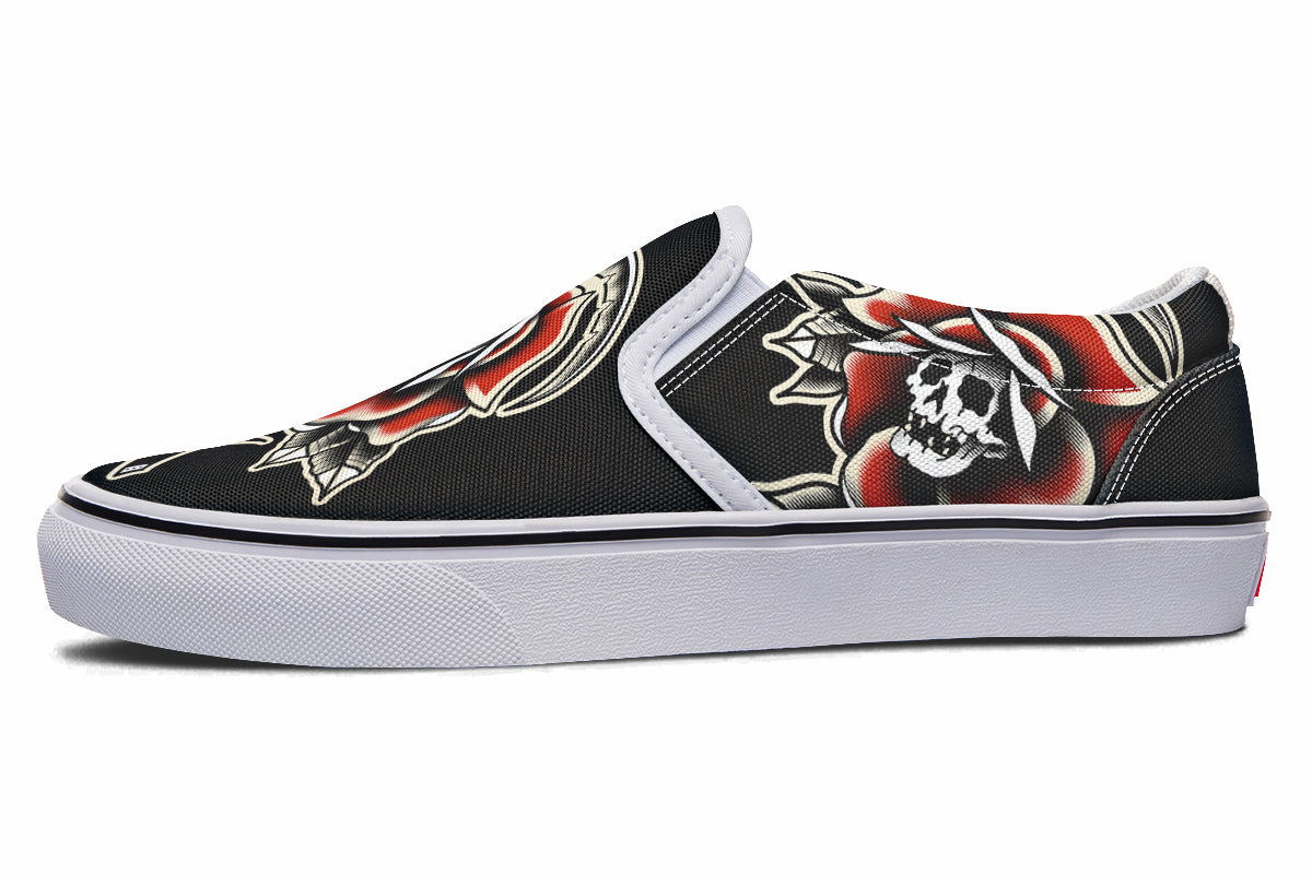 Red Rose Scythe Skull Slip On Shoes