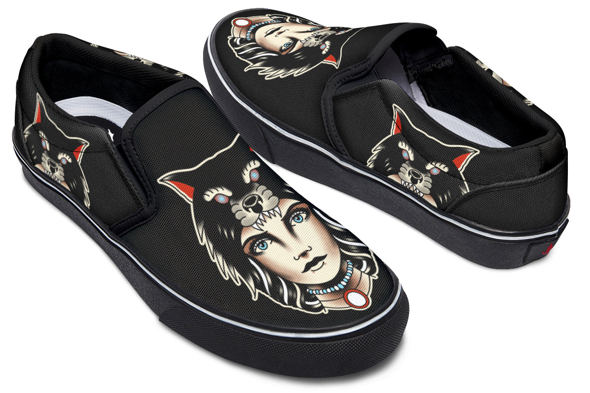 Wolf Cowl Girl Head Slip On Shoes