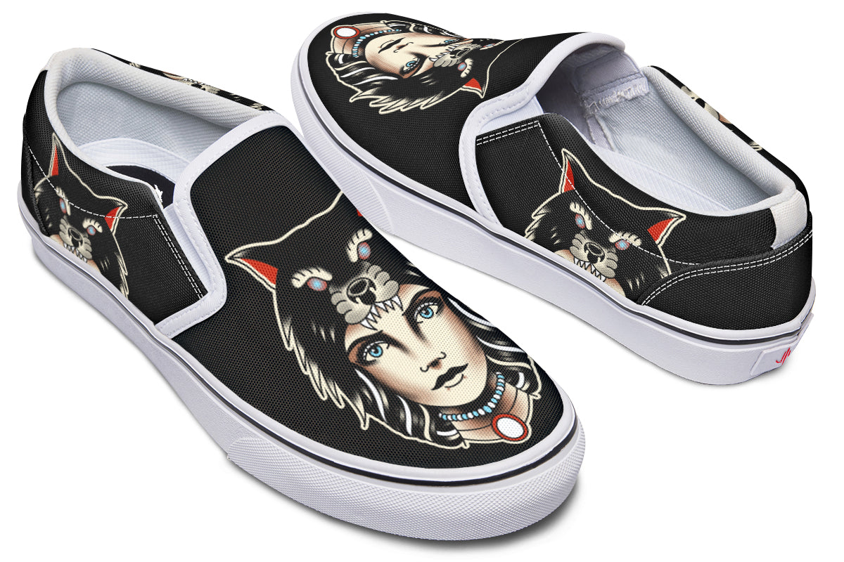 Wolf Cowl Girl Head Slip On Shoes
