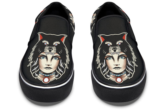 Wolf Cowl Girl Head Slip On Shoes