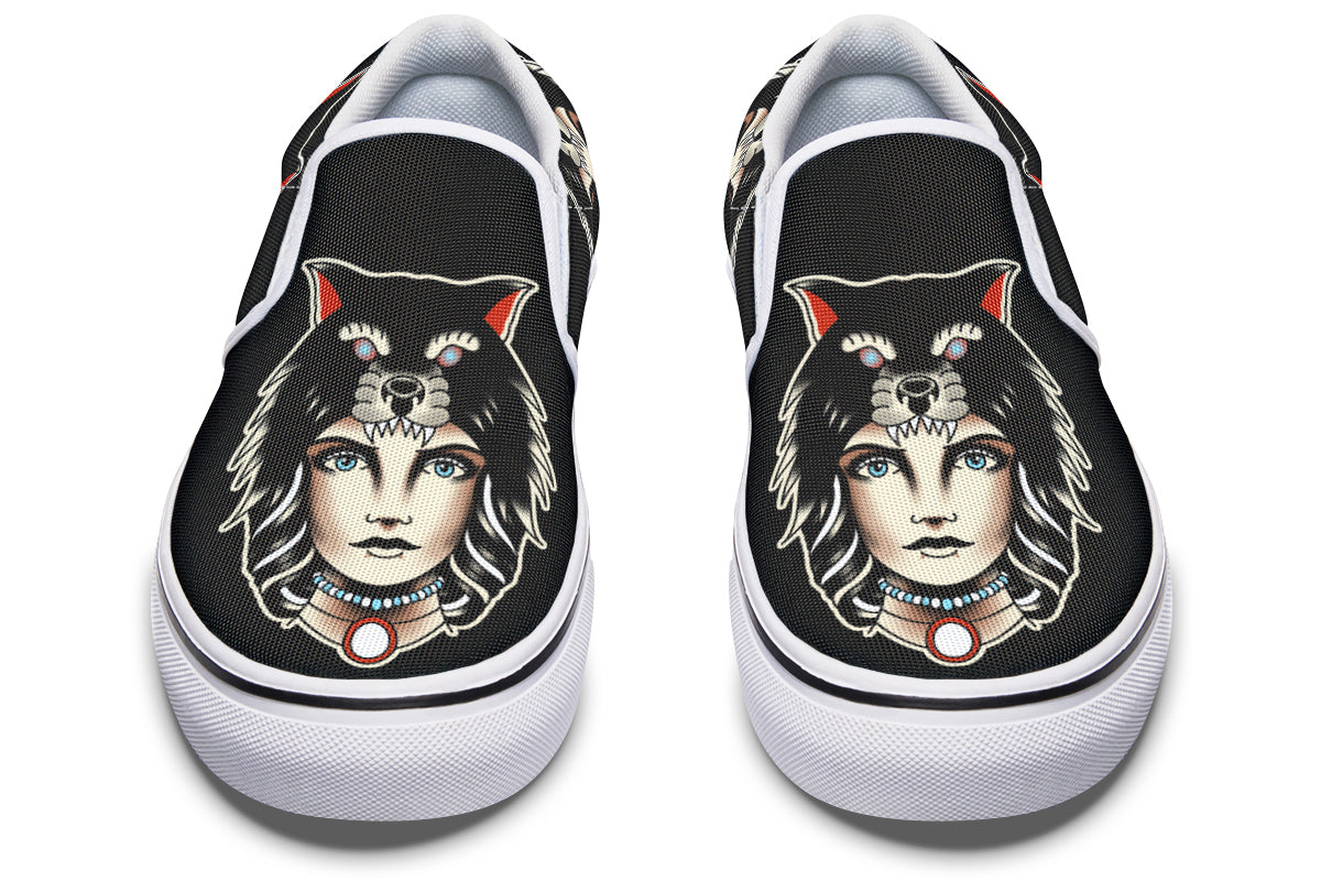 Wolf Cowl Girl Head Slip On Shoes
